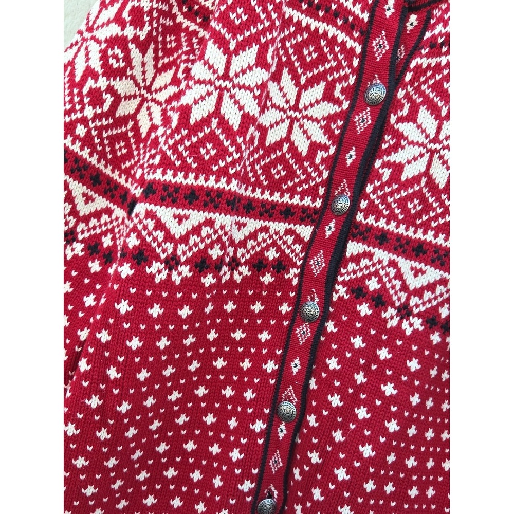 Vintage L.L.Bean Nordic Fair Isle Red Cotton Cardigan Sweater Large Ski Granny - Picture 5 of 6
